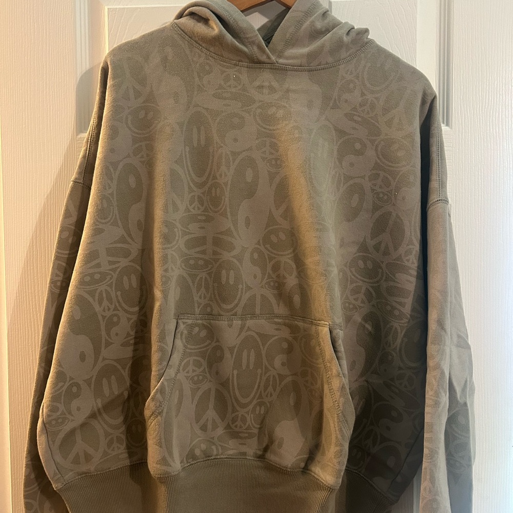 PacSun Olive Hoodie with Peace and Smiley Pattern